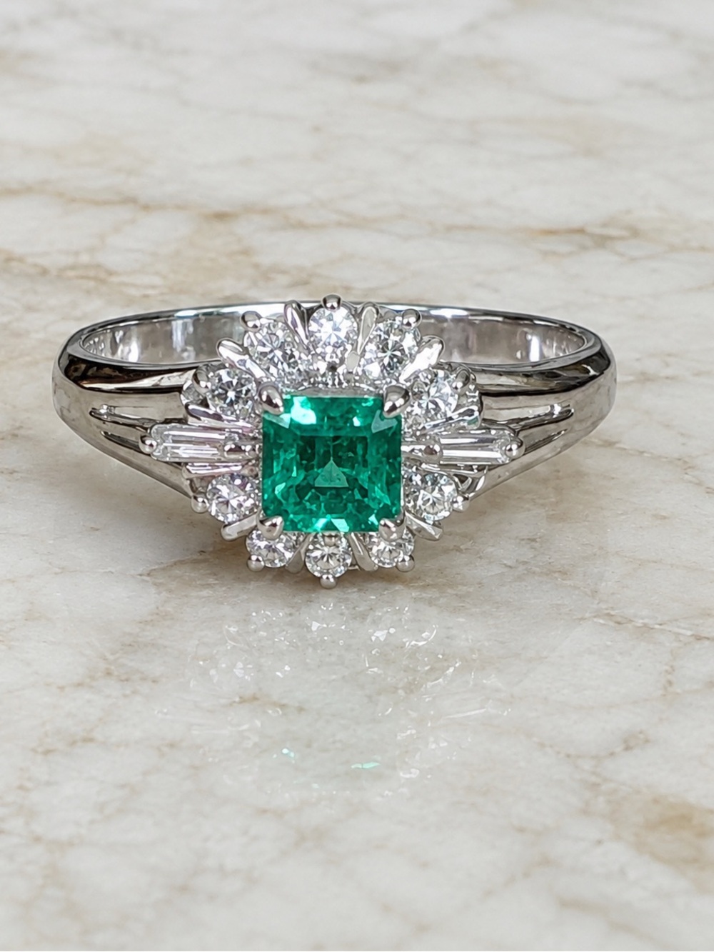 900 Platinum Natural 0.28 Carat Emerald & Diamond Cluster Ring Art Deco Style